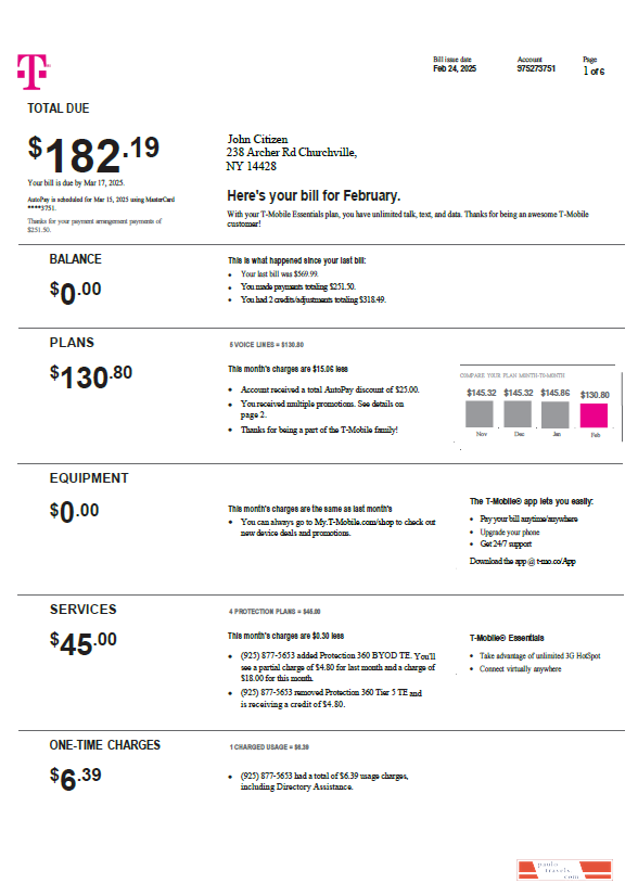 USA T mobile utility bill template in Word and PDF formats, version 4